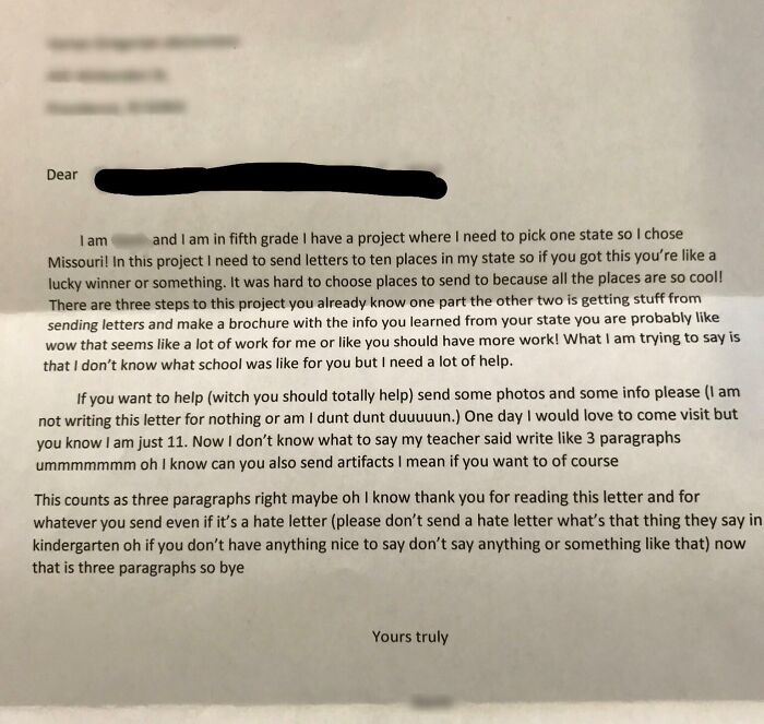 Handwritten letter from a fifth grader learning a lesson about school projects with funny and relatable wording.