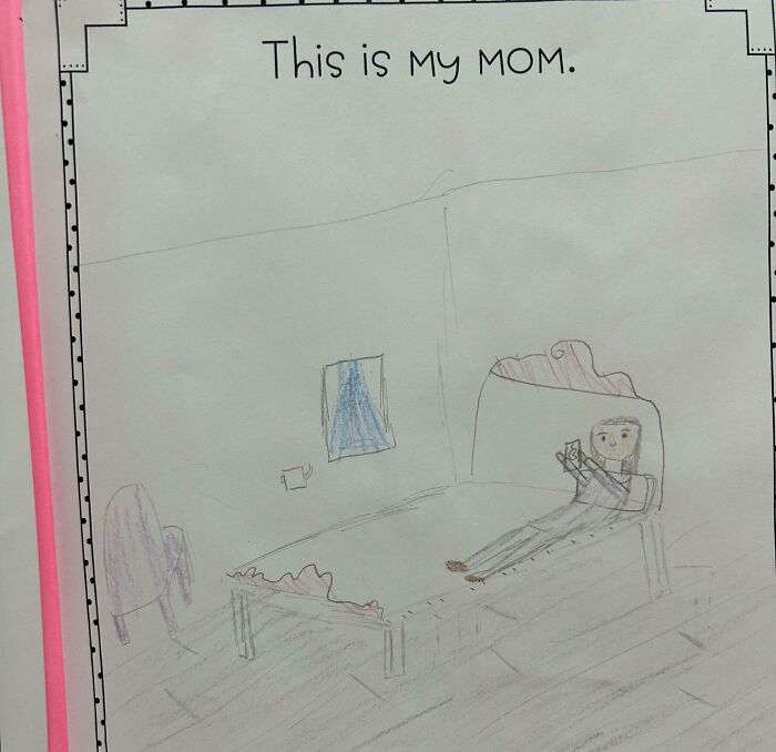 Child’s drawing of a bedroom scene showing a person on the bed, illustrating funny ways people learned their lesson.