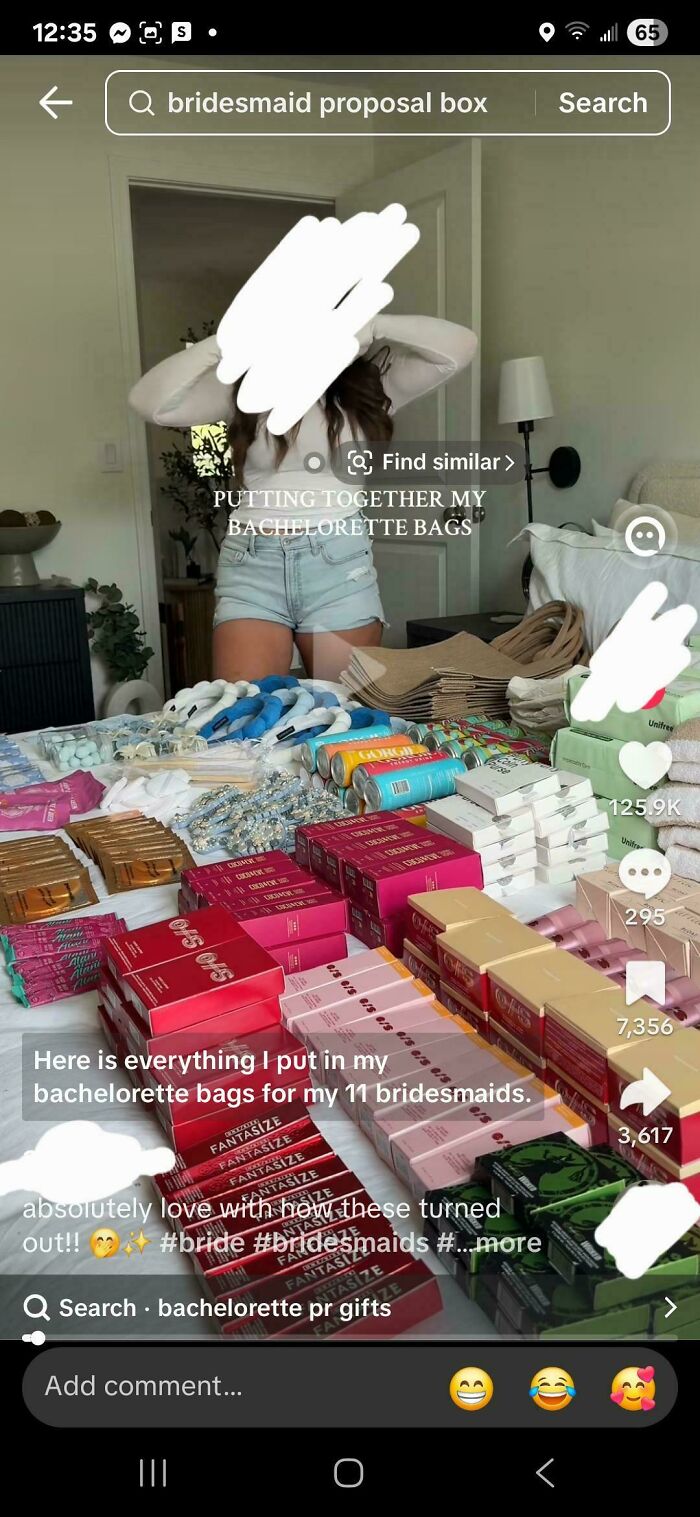 Person organizing multiple gift items and cosmetics on a bed, illustrating excess consumerism and product overload.