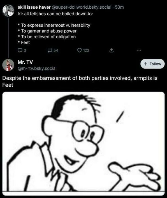Tweet thread discussing unique sentences about fetishes including a humorous statement linking armpits and feet combined with a cartoon.