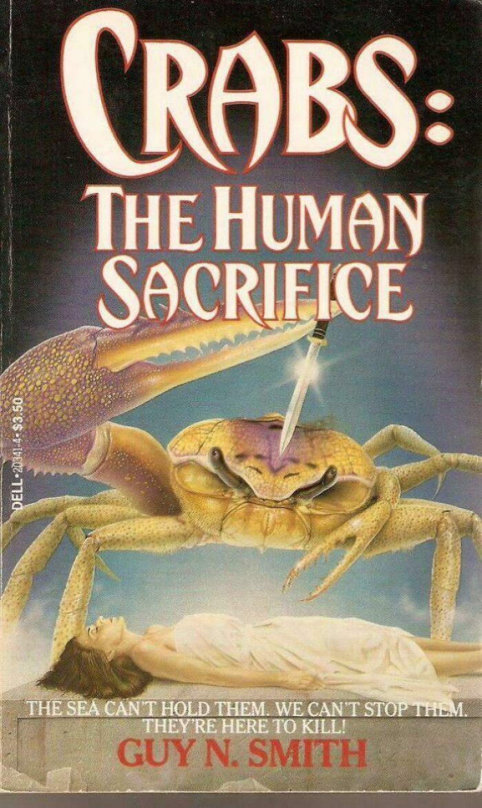 Book cover featuring an enormous crab holding a knife above a woman, highlighting awful book covers that are actually funny.