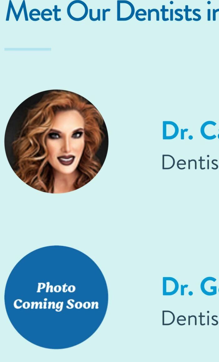 Image showing a digitally altered face of a woman with heavy makeup and two dentist profiles with one photo coming soon.