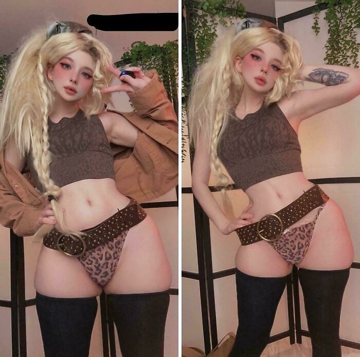 Young woman posing in leopard print outfit and thigh-high socks, demonstrating Instagram vs reality differences in photos.