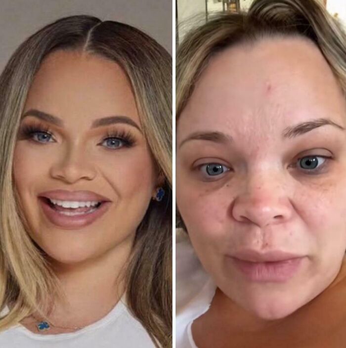 Side-by-side Instagram vs reality pics showing difference in makeup and natural appearance of a woman.