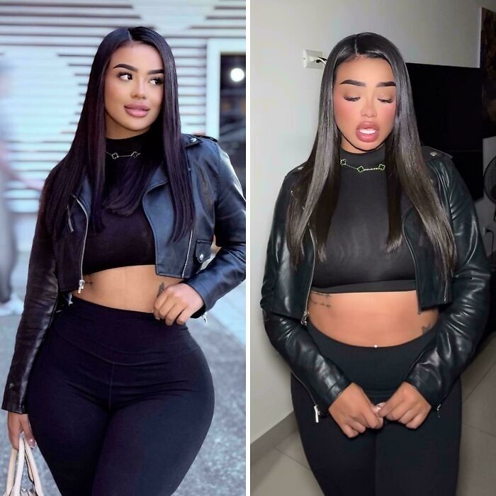 Side by side Instagram vs reality pics of a woman in black crop top and leather jacket showing differences.