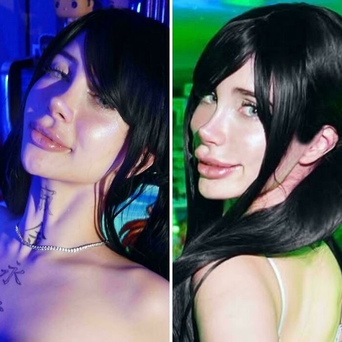 Side-by-side Instagram vs reality pics of a woman with black hair showing contrast in appearance and lighting.