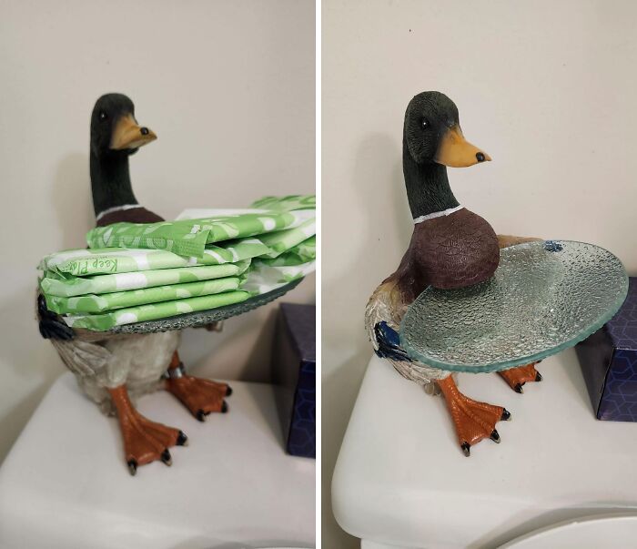 Duck-shaped decorative thrift store find holding a textured glass plate, shown with and without wrapped items on it.