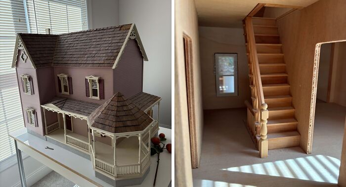 Detailed thrift store dollhouse with wooden interior staircase, showcasing unique thrift store finds and collectibles.