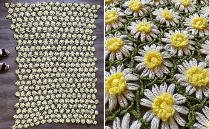 Crocheted daisy blanket thrift store find laid out on wooden floor with close-up of detailed yarn flowers.