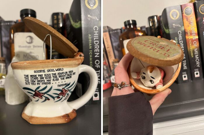 Vintage thrift store find of a ceramic teacup with a hidden figurine inside and poetic text on the side.