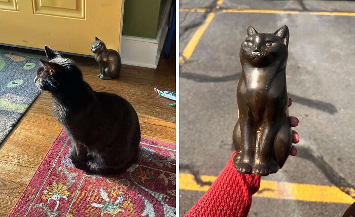 Black cat sitting on a rug next to a bronze cat figurine, a unique thrift store find showcased in natural light.