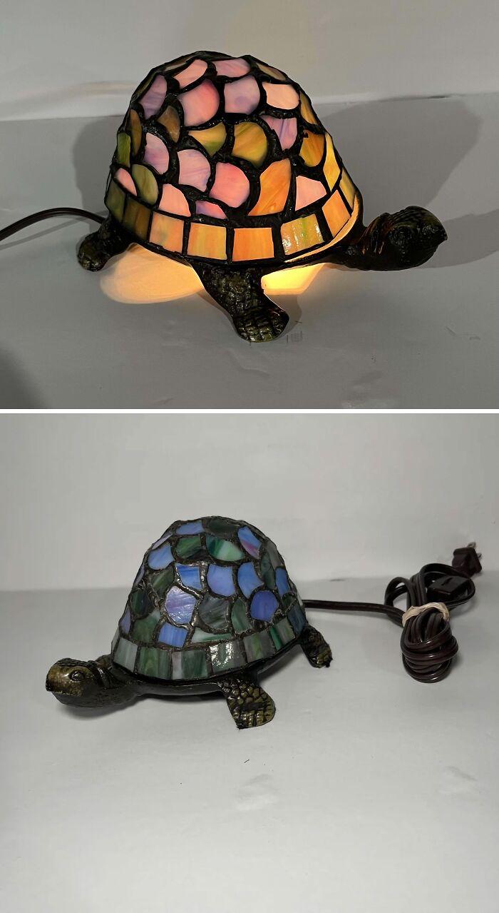 Turtle-shaped stained glass lamp with colorful mosaic shell, a unique thrift store find with electric cord attached.