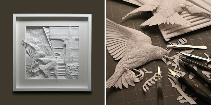Detailed wildlife sculptures made from simple paper, showcasing intricate textures and realistic bird designs in an art studio setting.