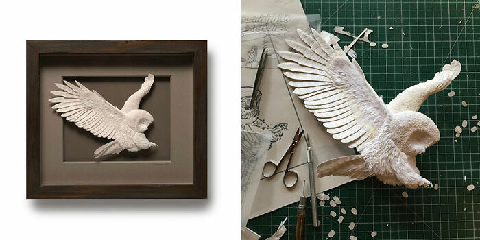 Detailed white paper wildlife sculpture of an owl in flight displayed in a wooden frame and during the crafting process.