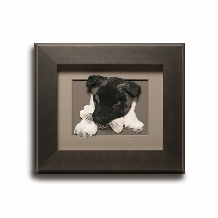 Realistic wildlife sculpture of a black and white dog holding a bone, crafted from simple paper in a dark frame.