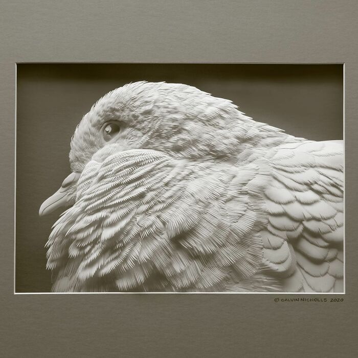 Paper sculpture of a bird showcasing detailed, realistic wildlife feathers and textures in stunning white layers.