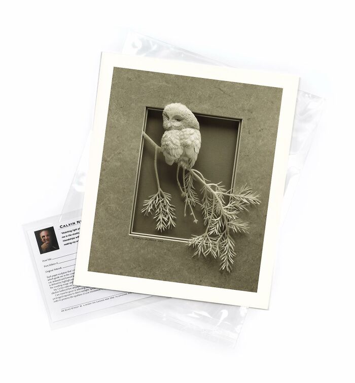 Paper wildlife sculpture of an owl perched on a branch, showcasing stunningly realistic details and intricate craftsmanship.