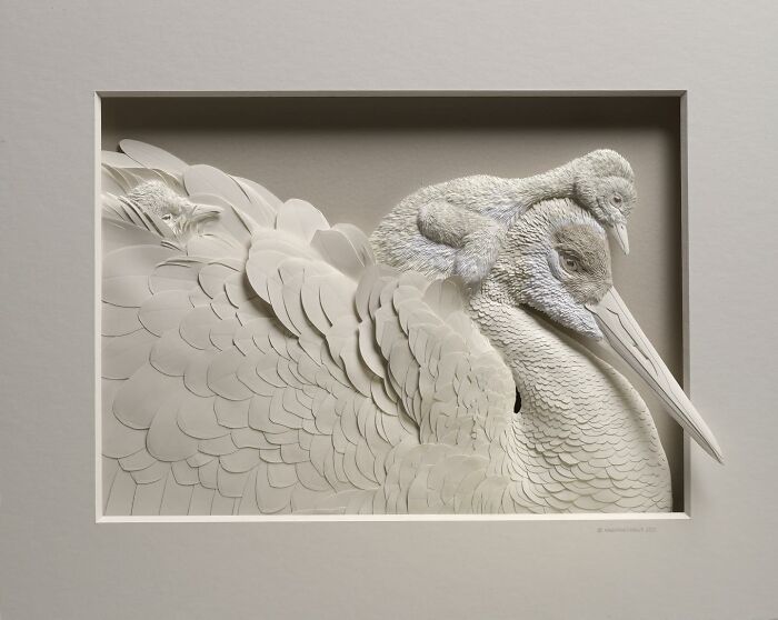 Paper sculpture of realistic wildlife featuring a detailed bird and chick crafted with layered paper feathers.