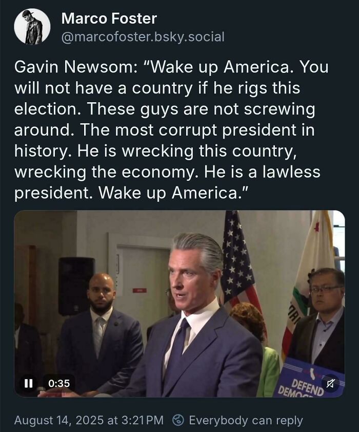 Tweet citing Gavin Newsom accusing a president of corruption, with a man speaking at a press event and US flags in the background.