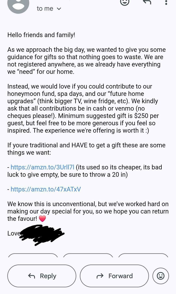 Email screenshot showing a bride and groom requesting cash gifts and contributions for their honeymoon and home upgrades, shaming worst wedding guests.