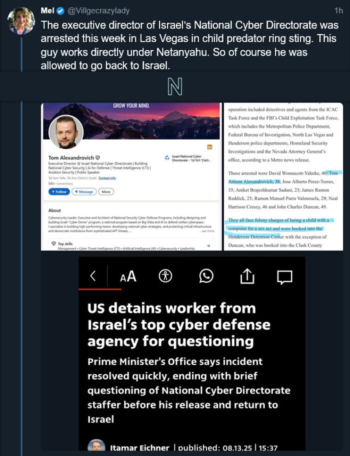 Screenshot collage showing tweets and news about the arrest of a worker from Israel’s National Cyber Directorate.