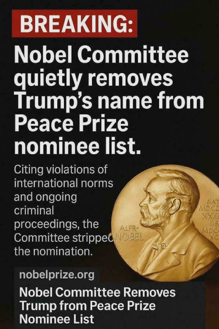 Nobel Committee removes Trump from Peace Prize nominee list citing violations and ongoing criminal proceedings.