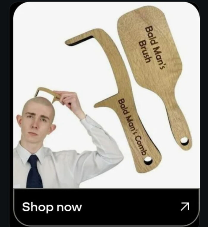 Young man using a wooden bald man's brush and comb, highlighting absurdity of consumerism products and distractions.