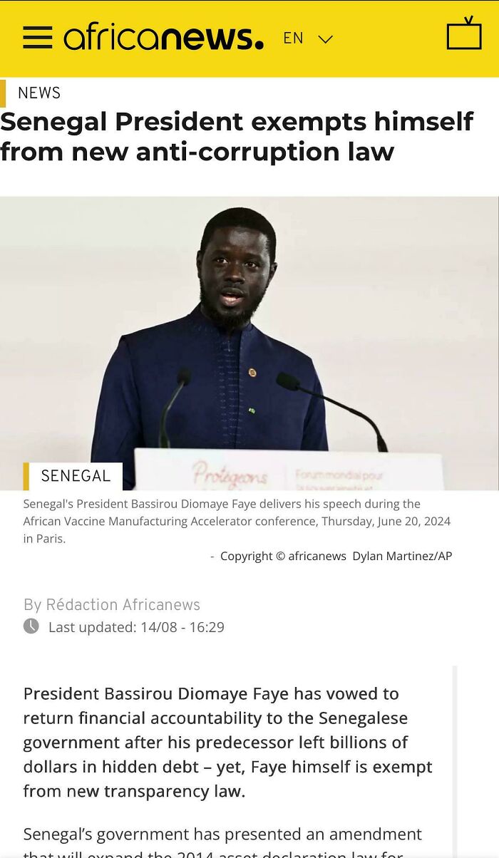 Senegal's President Bassirou Diomaye Faye giving a speech on anti-corruption law exemption in a formal setting