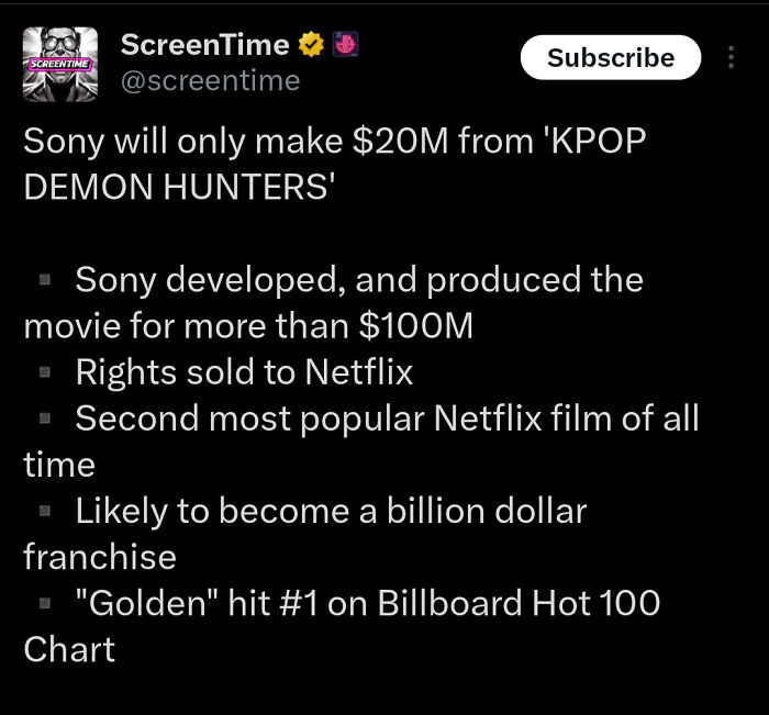 Tweet from ScreenTime about Sony making $20M from KPOP DEMON HUNTERS, highlighting movie costs and Netflix popularity.