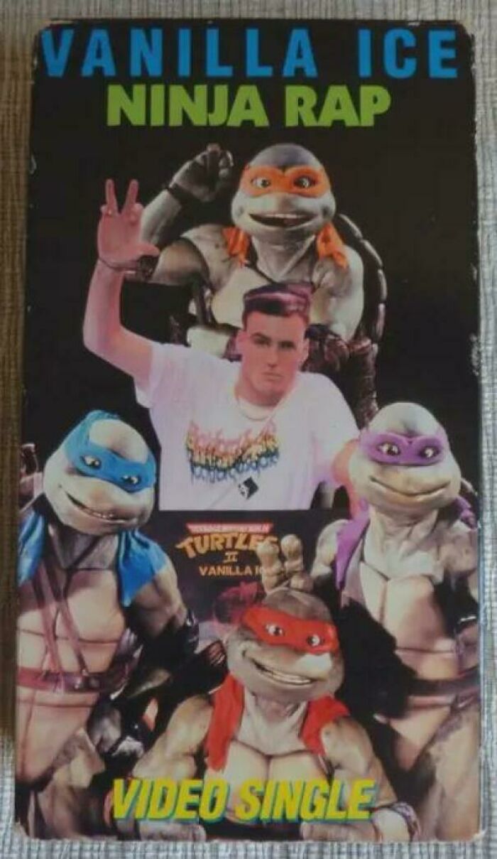 90s nostalgia featuring Vanilla Ice with Teenage Mutant Ninja Turtles on a vintage video single cover.
