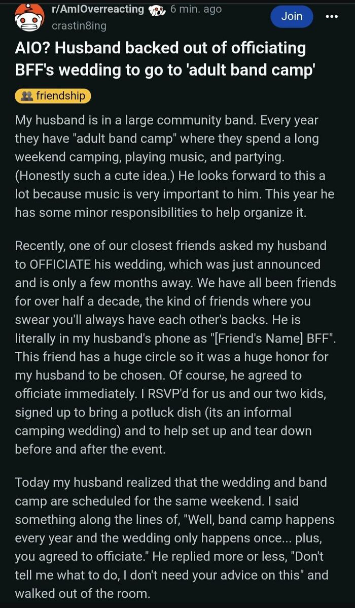 Reddit post shaming groom for backing out of officiating friend's wedding over adult band camp clash.