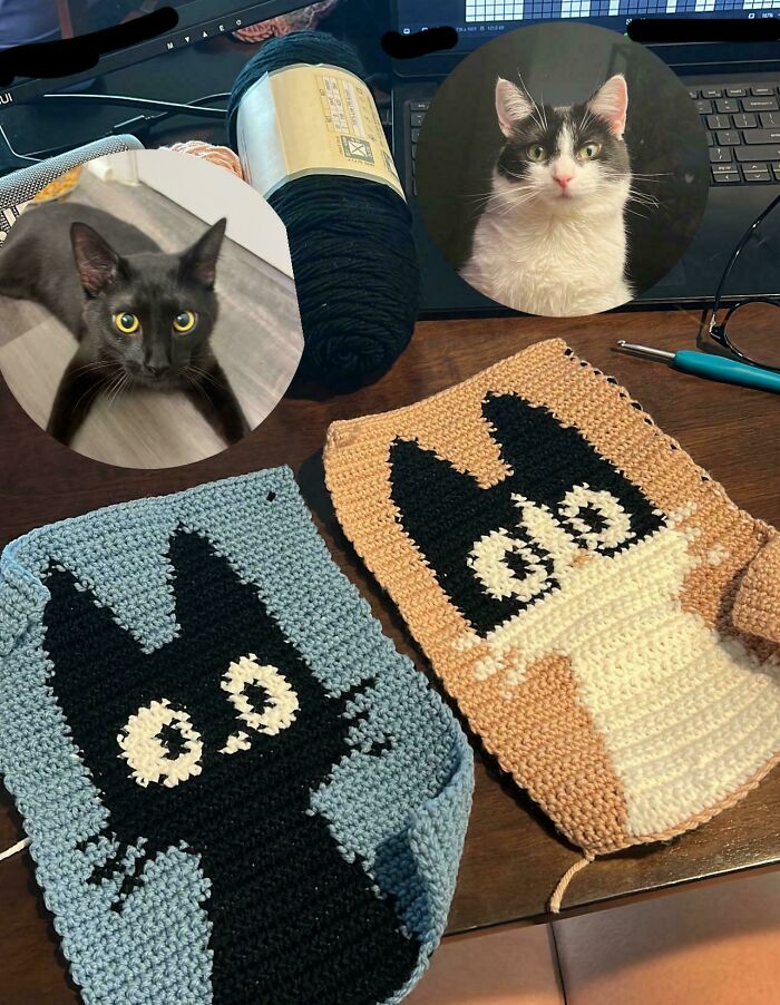 Two crocheted cat designs in black and white yarn with crochet tools and cat images in the background.