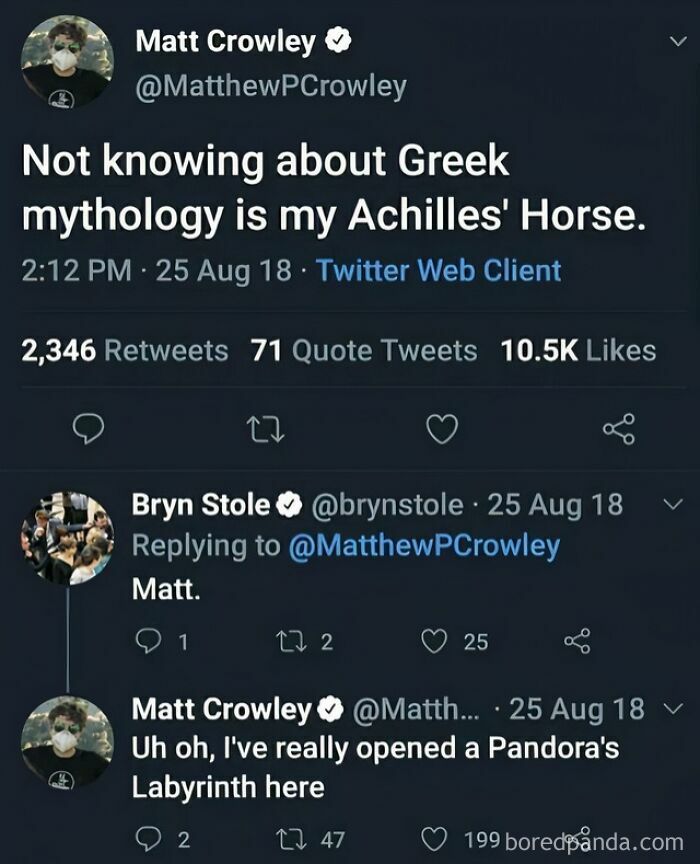 Twitter exchange about Greek mythology referencing Achilles' Horse and Pandora's Labyrinth in a humorous mythology meme.