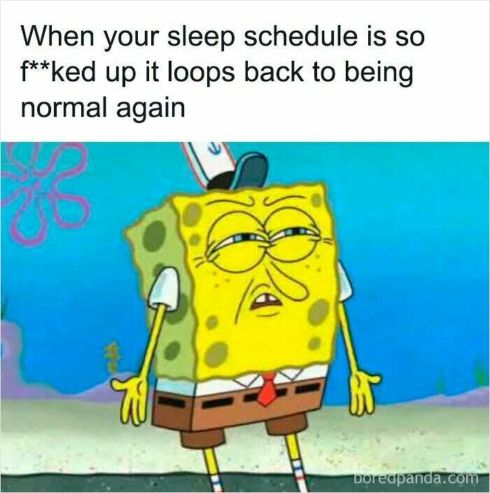 SpongeBob meme showing a confused expression about a messed up sleep schedule that resets to normal again.