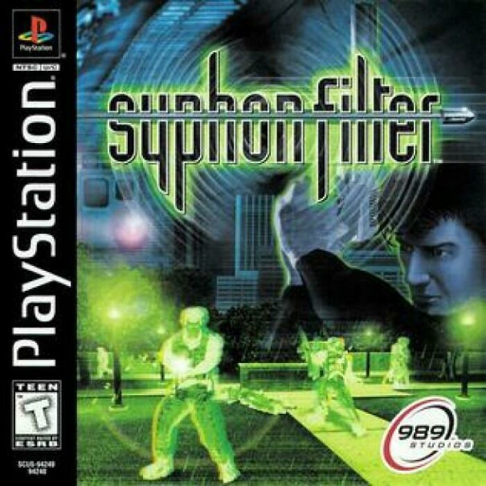 PlayStation game Syphon Filter cover art featuring characters in action, iconic ’90s gaming memories and graphics.