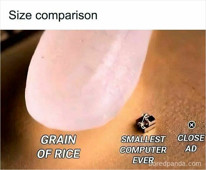 Close-up of a grain of rice next to the smallest computer ever, illustrating size comparison in relatable memes.