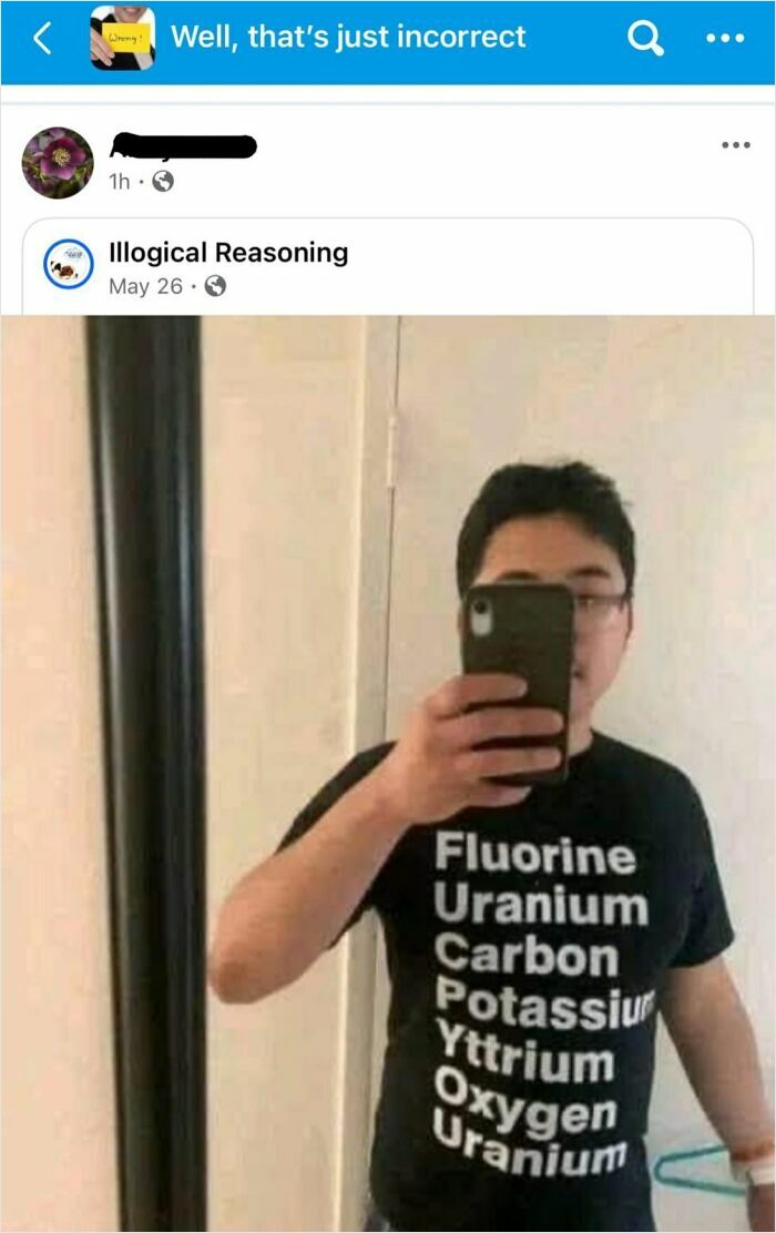 Man taking mirror selfie wearing a shirt with chemical elements, in a group shaming overconfident know-it-alls.