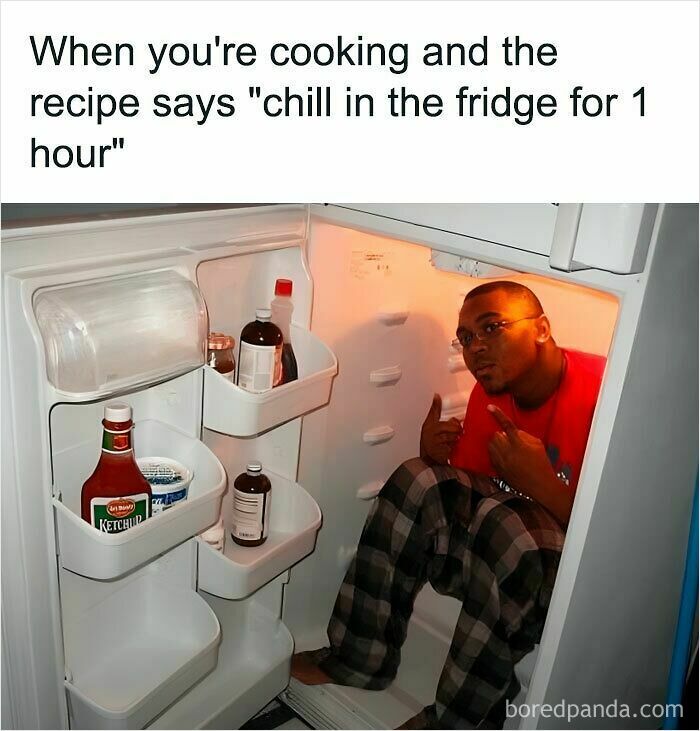 Man sitting inside an open fridge as a funny meme showing relatable moments in cooking and chilling food.