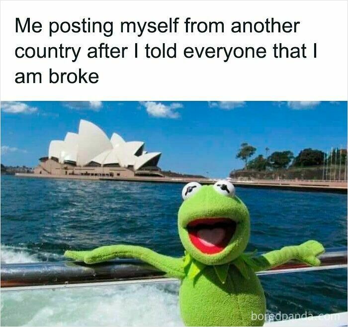 Kermit the Frog posing happily in front of Sydney Opera House, a relatable meme about travel and being called out.
