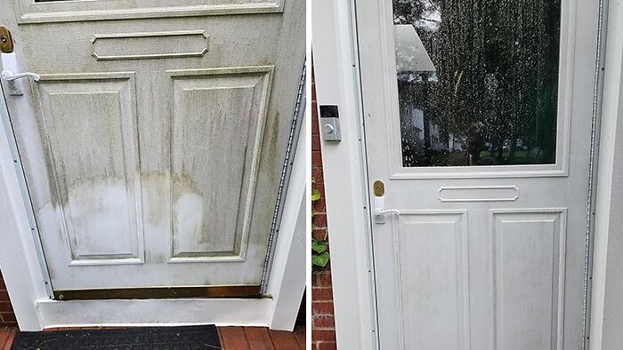 Side-by-side comparison of a dirty door before and after cleaning showing effective cleaning hacks for effort-averse people.