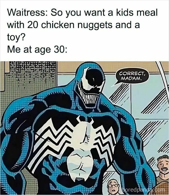 Relatable meme showing Venom agreeing to order a kids meal with 20 chicken nuggets, highlighting adult cravings humor.