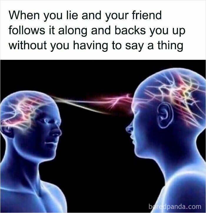 Two glowing blue human figures with neural connections visualized, illustrating hilariously relatable memes about unspoken understanding.