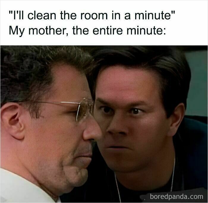 Two men face each other intensely, illustrating a hilariously relatable meme about feeling called out by a parent’s impatience.