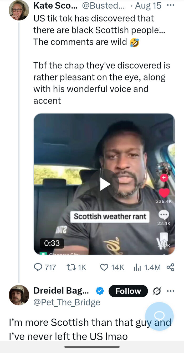 Tweet about US TikTok users' surprise over black Scottish people, highlighting dumbest posts by Americans online.