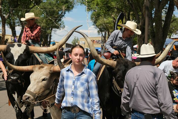 Young people with large horned cattle in a lively street setting, capturing heartwarming animal moments outdoors.