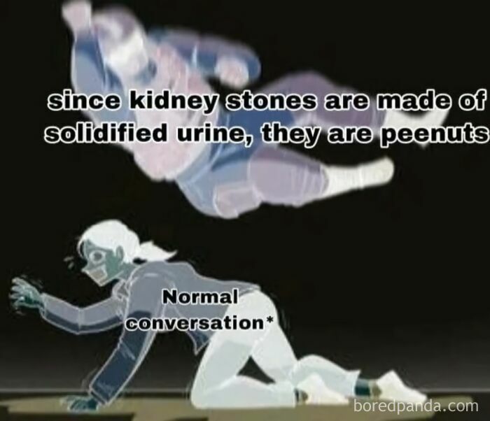 Science meme showing a humorous kidney stone joke disrupting a normal conversation, highlighting funny science content.