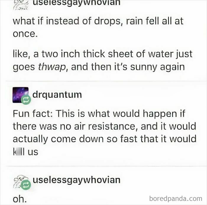 Funny science meme discussing rain and air resistance with humor, related to photosynthesis and science topics.