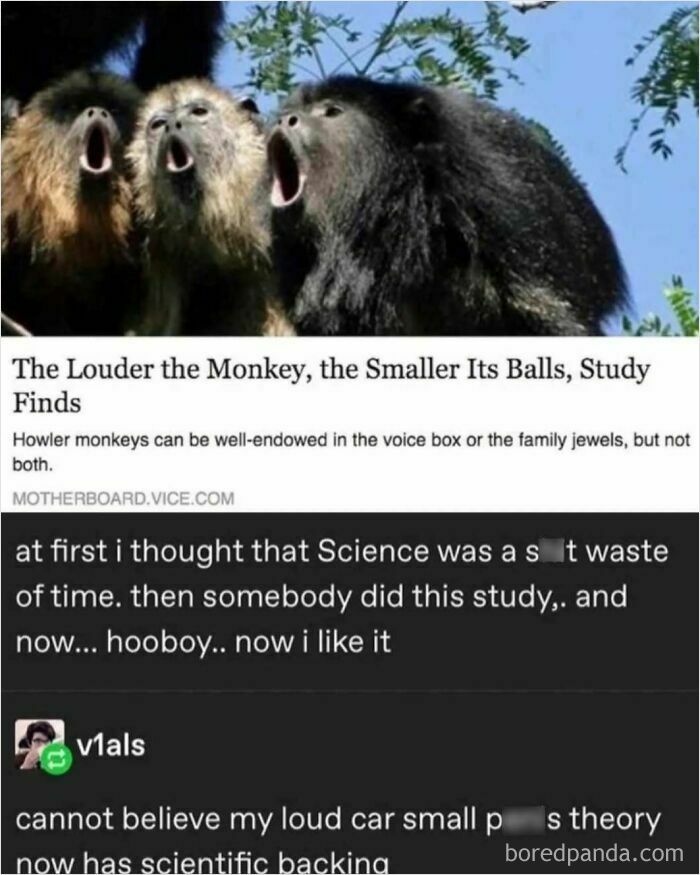 Three howler monkeys with open mouths alongside a humorous science meme about loud calls and reproductive biology.