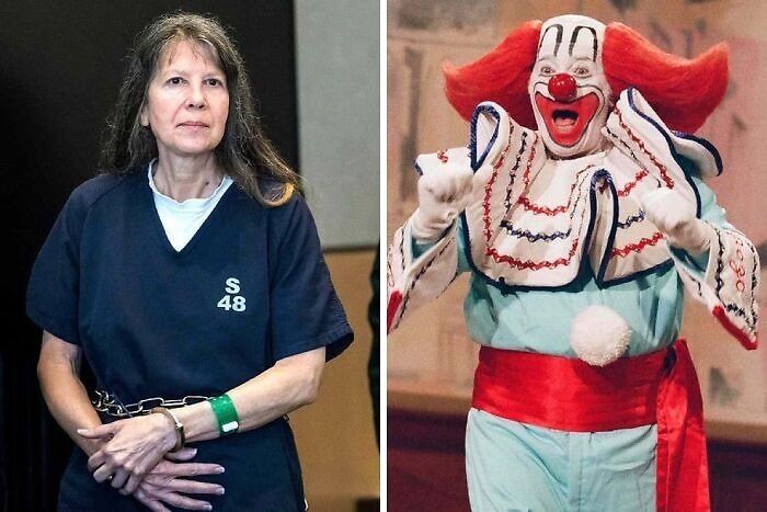 Composite image showing a woman in a prison uniform and a vintage clown costume, evoking unsettling morbid knowledge.