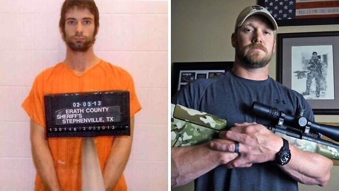 Mugshot of a man in an orange jumpsuit next to a serious man holding a rifle, unsettling images from Morbid Knowledge group.